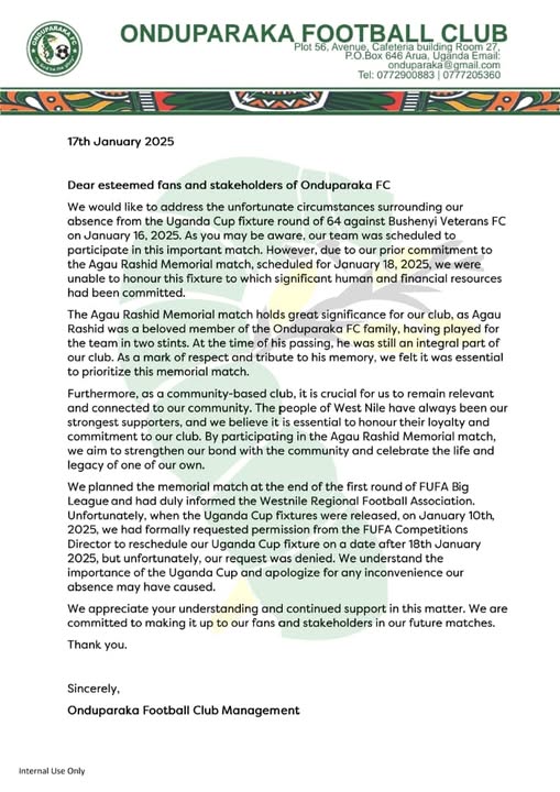 Onduparaka FC Misses Uganda Cup Fixture to Honour Late Club Legend.