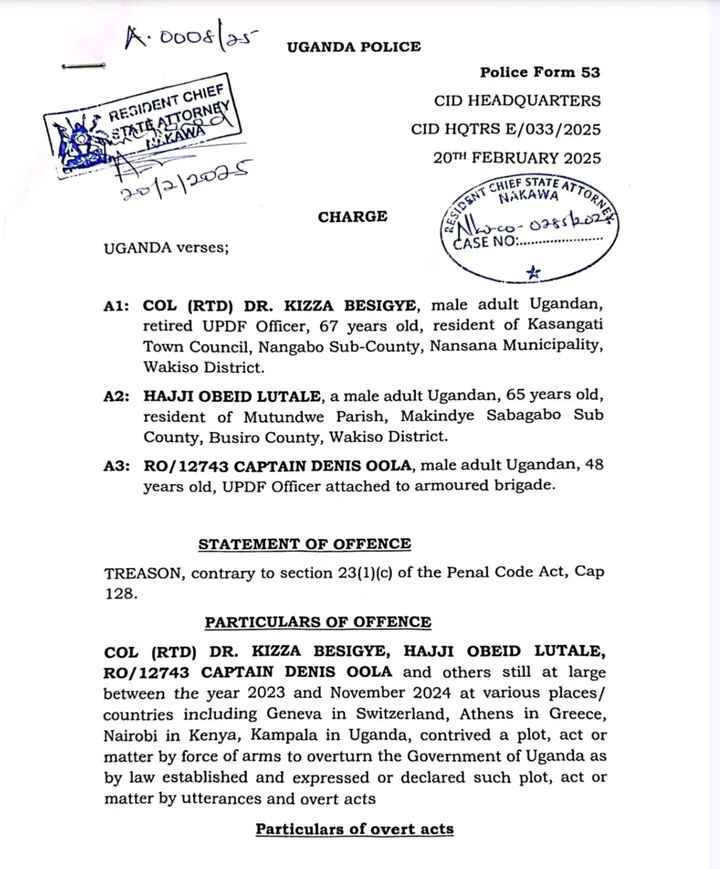 Fresh charges against Dr. Besigye and Obeid Lutale at Nakawa Court