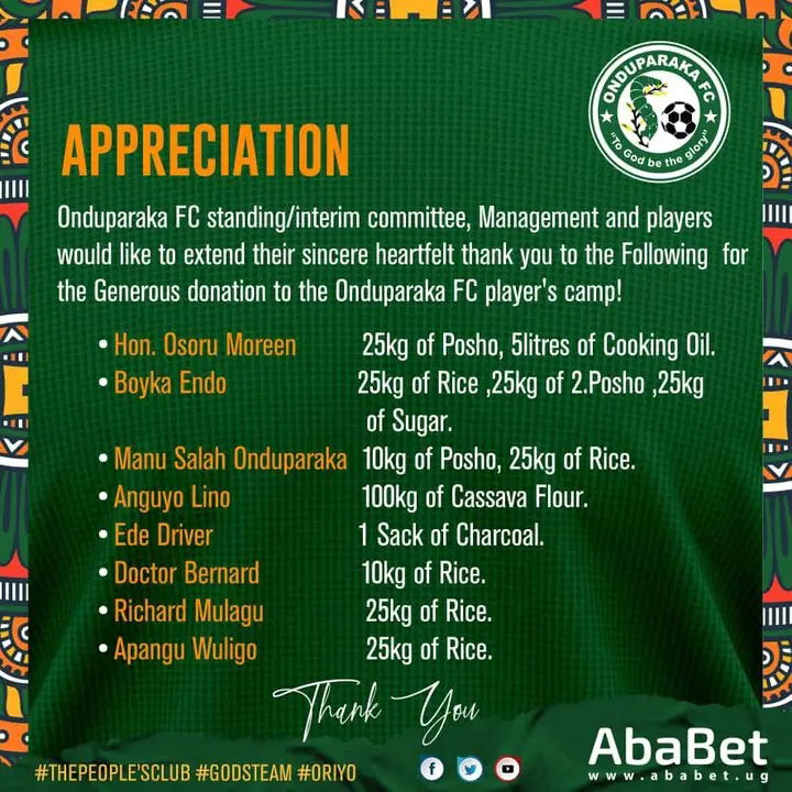 Onduparaka FC Extends Gratitude for Generous Donations to Player’s Camp