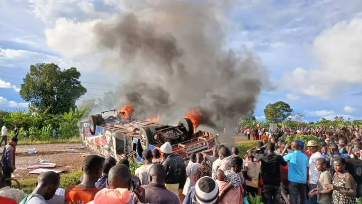 Tragedy on Mukono-Katosi Road: Several Feared Dead as YY Coaches Bus Overturns and Catches Fire