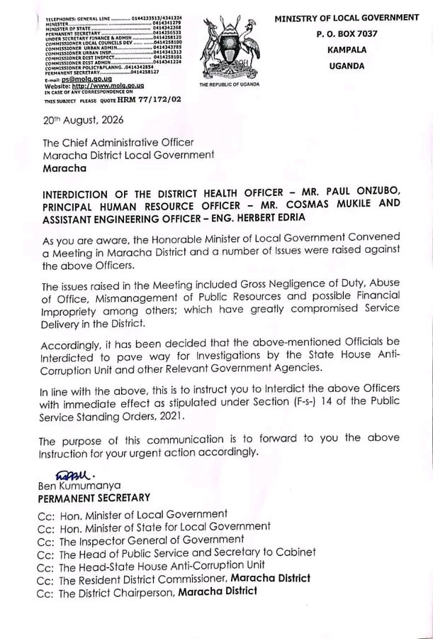 Order Issued to Interdict Maracha District Senior Officials Following Balaam’s Inspection