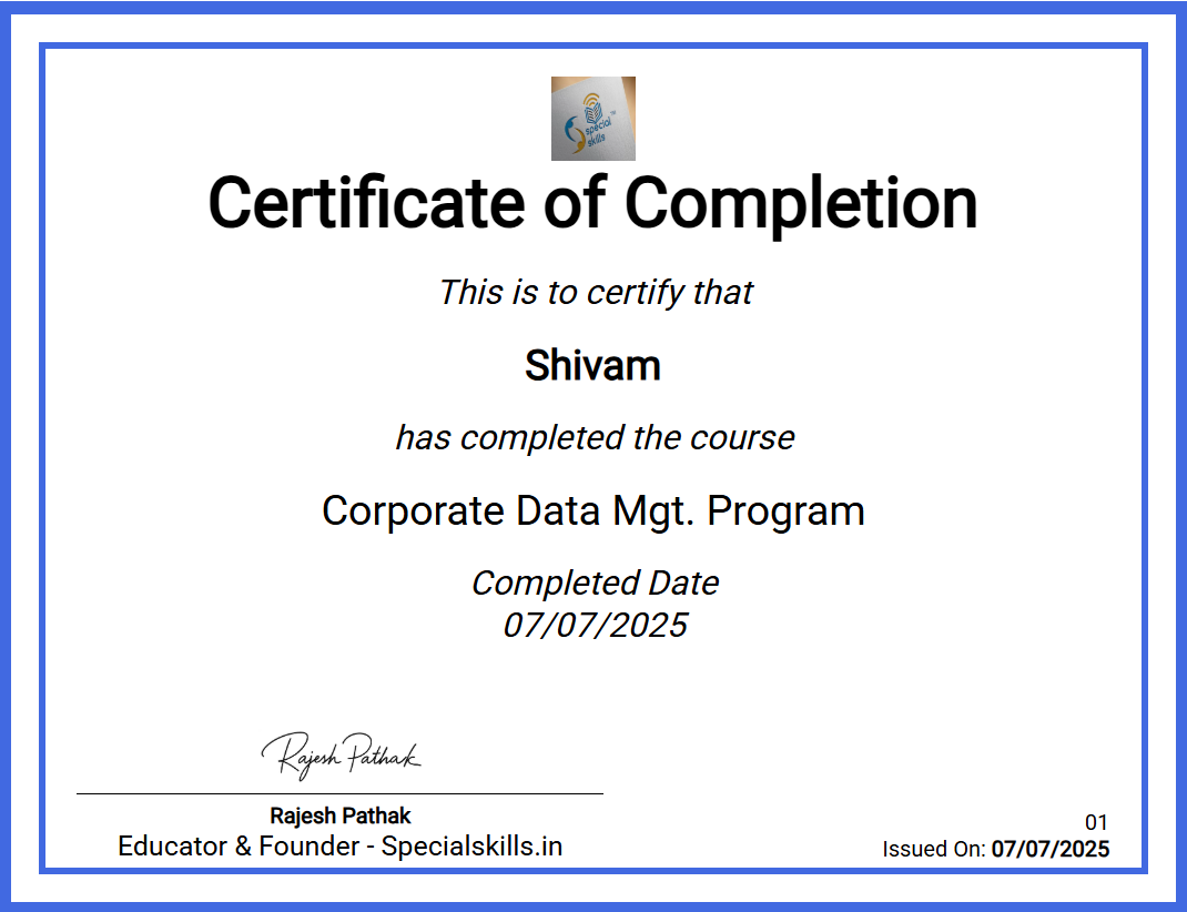 Certificate of Completion for Corporate data management program of specialskills.in