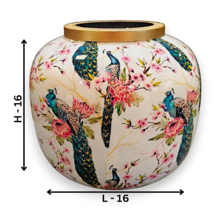 “Front view of floral vase with labeled dimensions