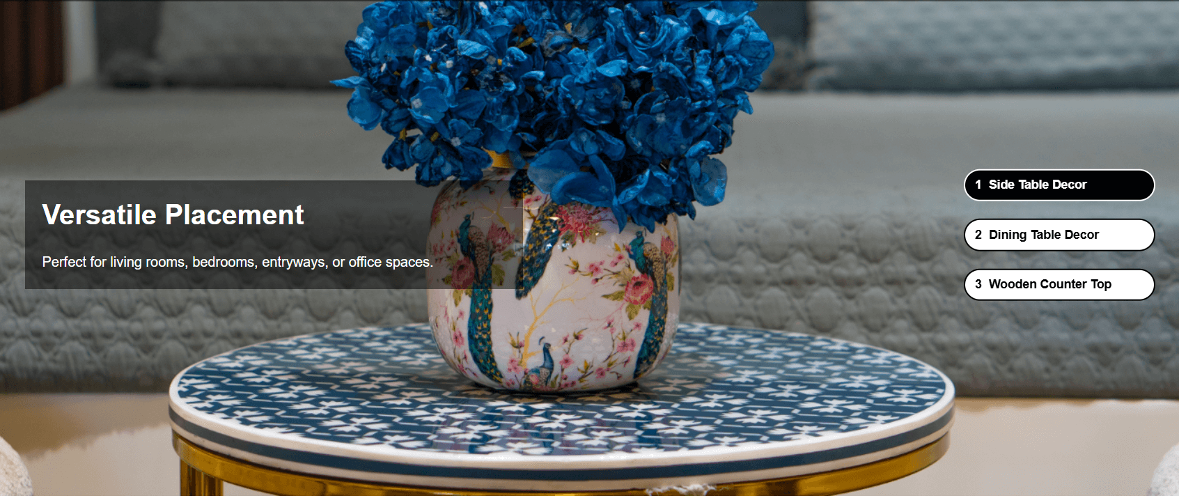 Decorative vase with blue artificial flowers on tabletop