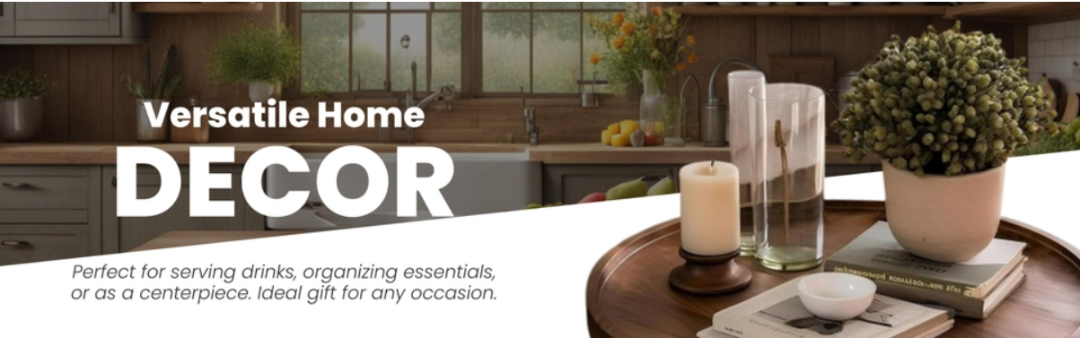 - A cozy tabletop scene featuring the tray with a candle, small plant, and decorative sculpture, captioned “Perfect Addition to Your DECOR