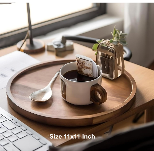 The tray placed on a table with a coffee cup and plant, labeled “Size: 11 x 11 inch