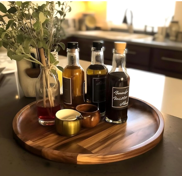 The tray used to organize bottles and containers on a bathroom or vanity counter, showcasing its utility in personal care spaces