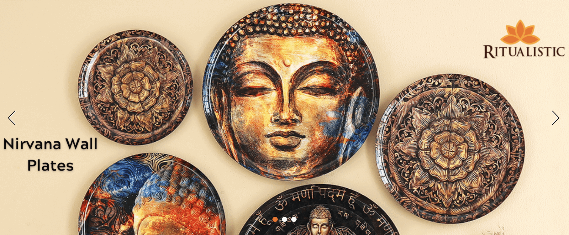 Close-up of a handmade wall plate featuring a serene Buddha face in warm earthy tones, with branding text “Handmade Wall Plates” and a logo in the corner.