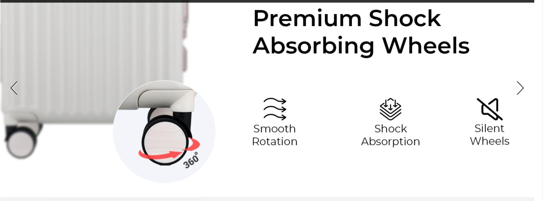 Text reads “Premium Shock Absorbing Wheels” with a close-up of suitcase wheels, emphasizing smooth travel.
