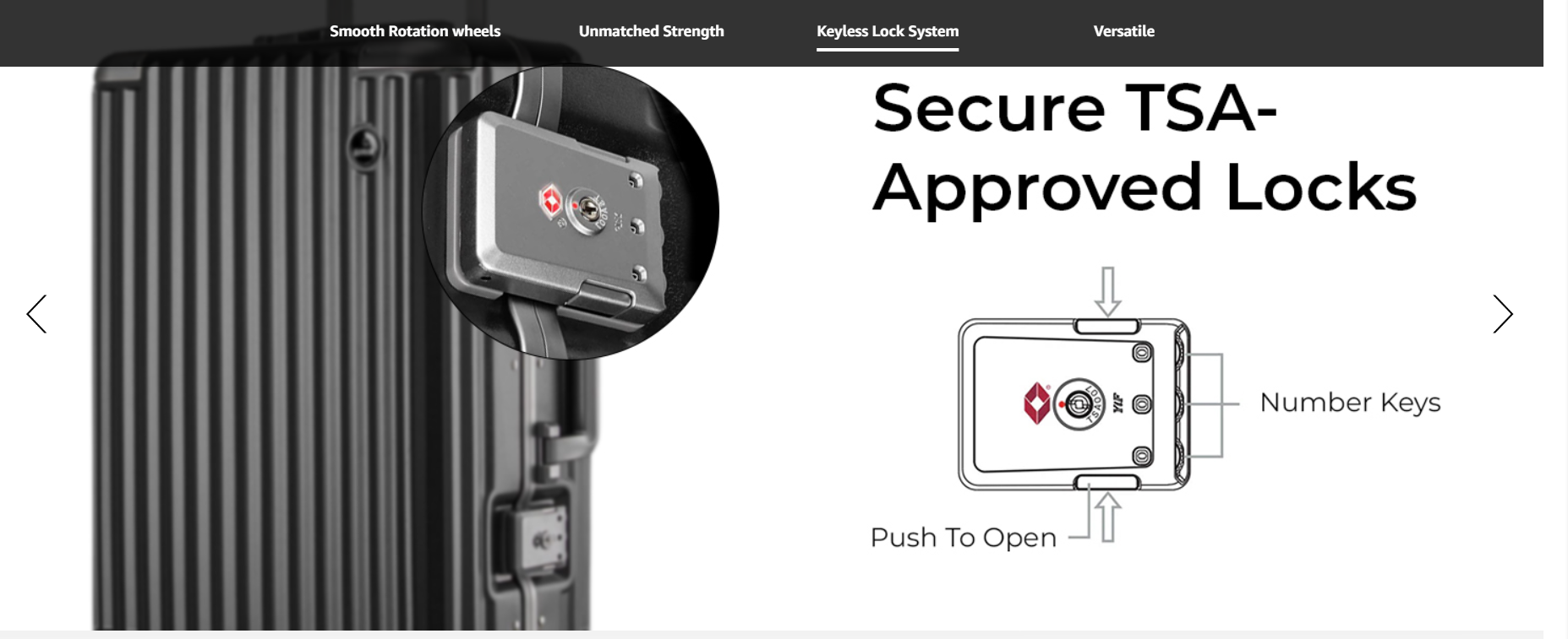 Text: “Secure TSA-Approved Locks” with a close-up of the lock mechanism on the suitcase, indicating travel security.