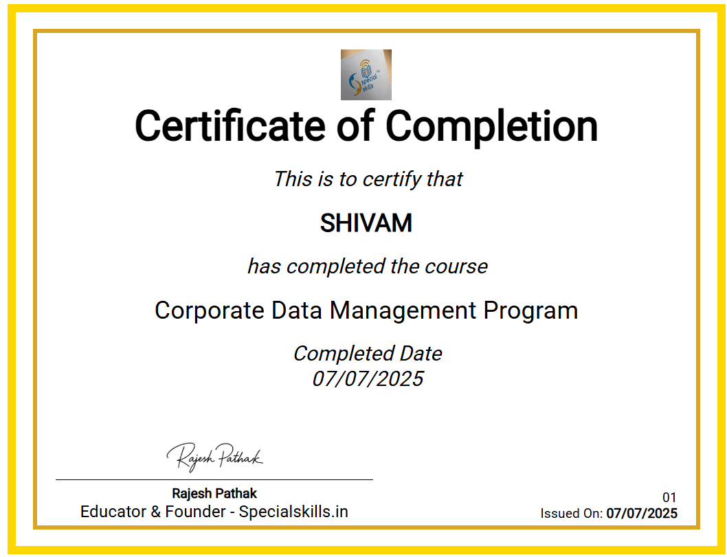 Certificate of Completion for Corporate data management program of specialskills.in