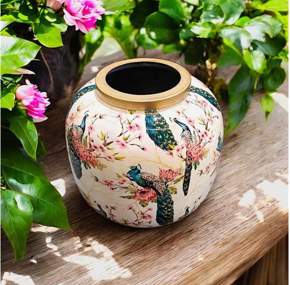 Metal Decorative Flower Vase with Peacock Design