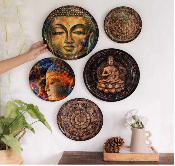 Ritualistic Nirvana Wall Plates Set of 5 — Handmade Metal Buddha Wall Art