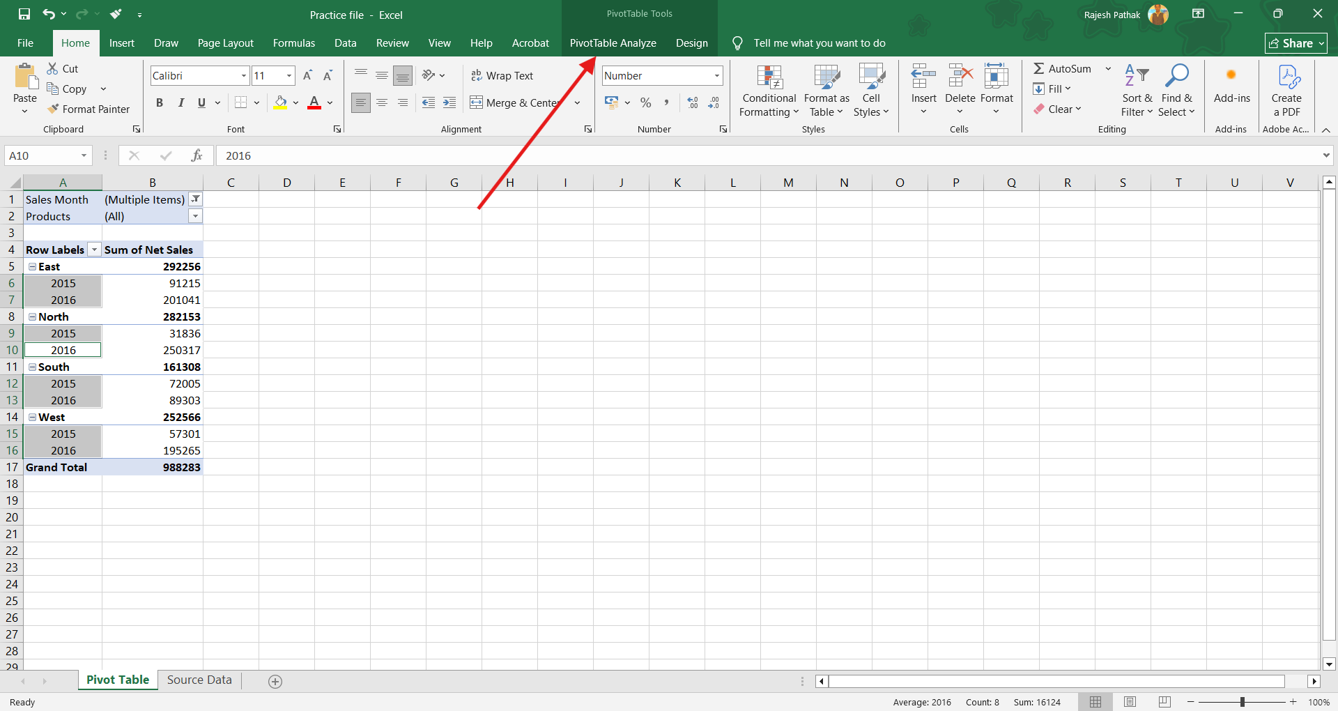 Go to 'PivotTable Analyze' ribbon tab.