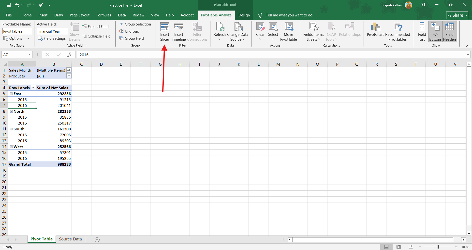 In the 'Filter' group, click on 'insert slicer' button.