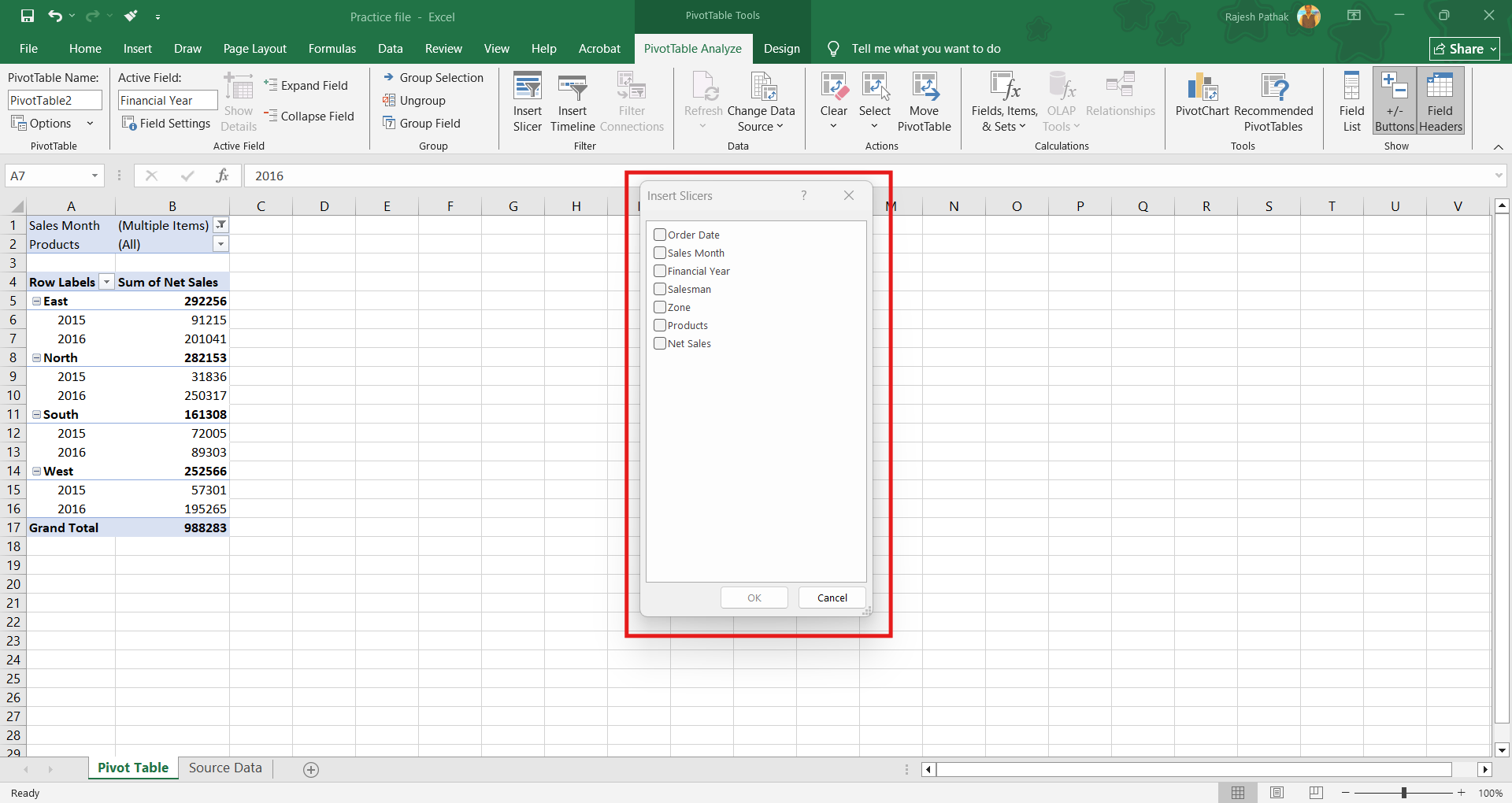 'Insert slicers' dialog box opens'. This dialog box contains all the pivot table field list items. 
