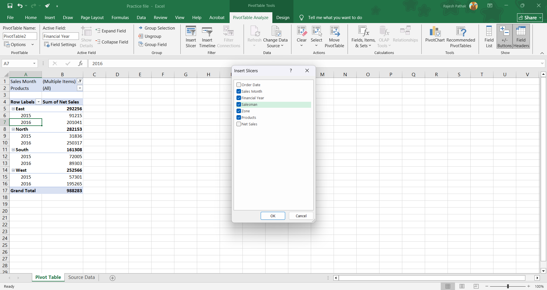 Let's insert five different slicers by selecting 'sales month', 'financial year', 'salesman', 'zone', and 'products'.