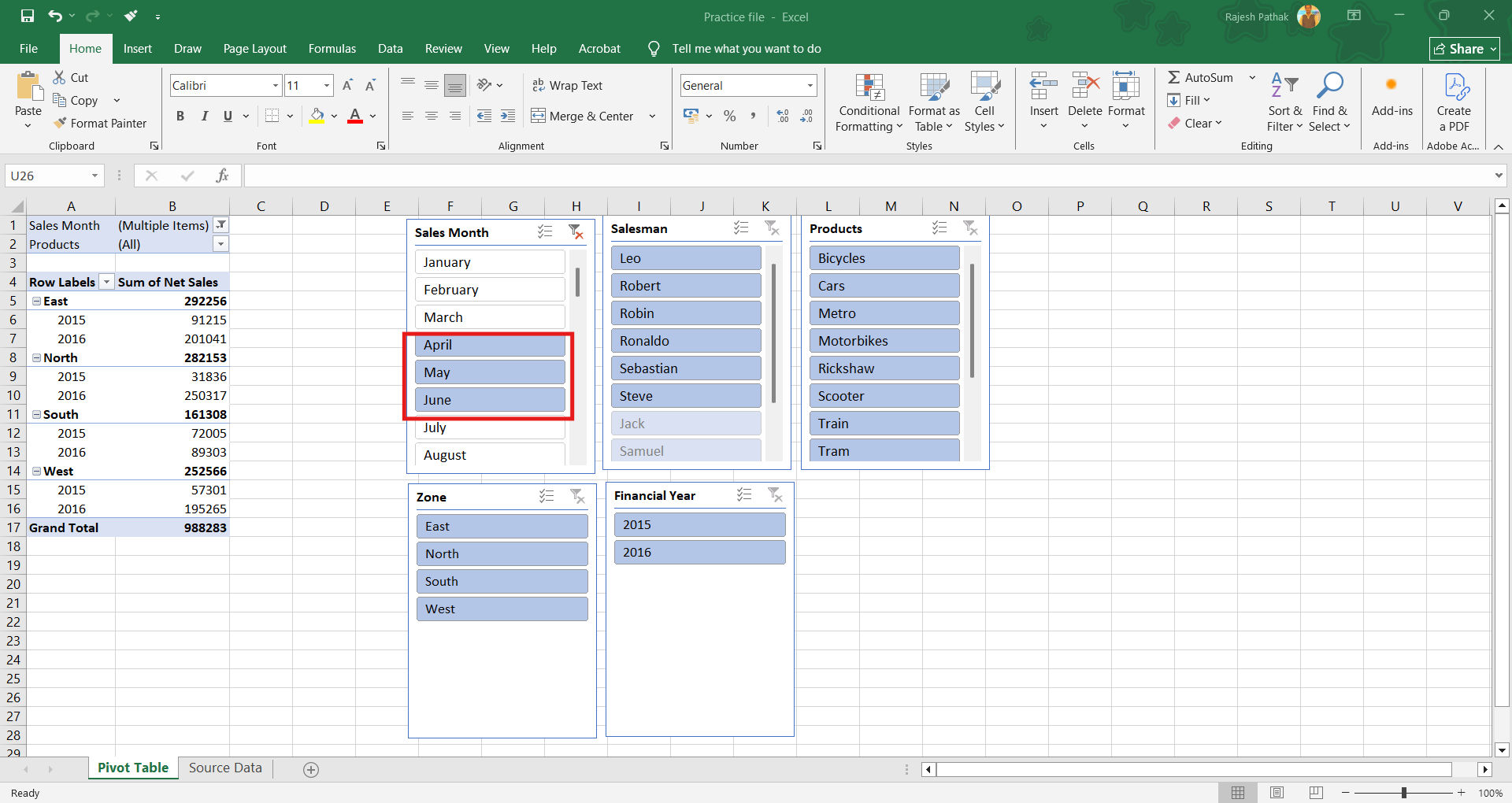 Sales months that have been filtered in the report filter area can be seen highlighted in the 'sales month' slicer.