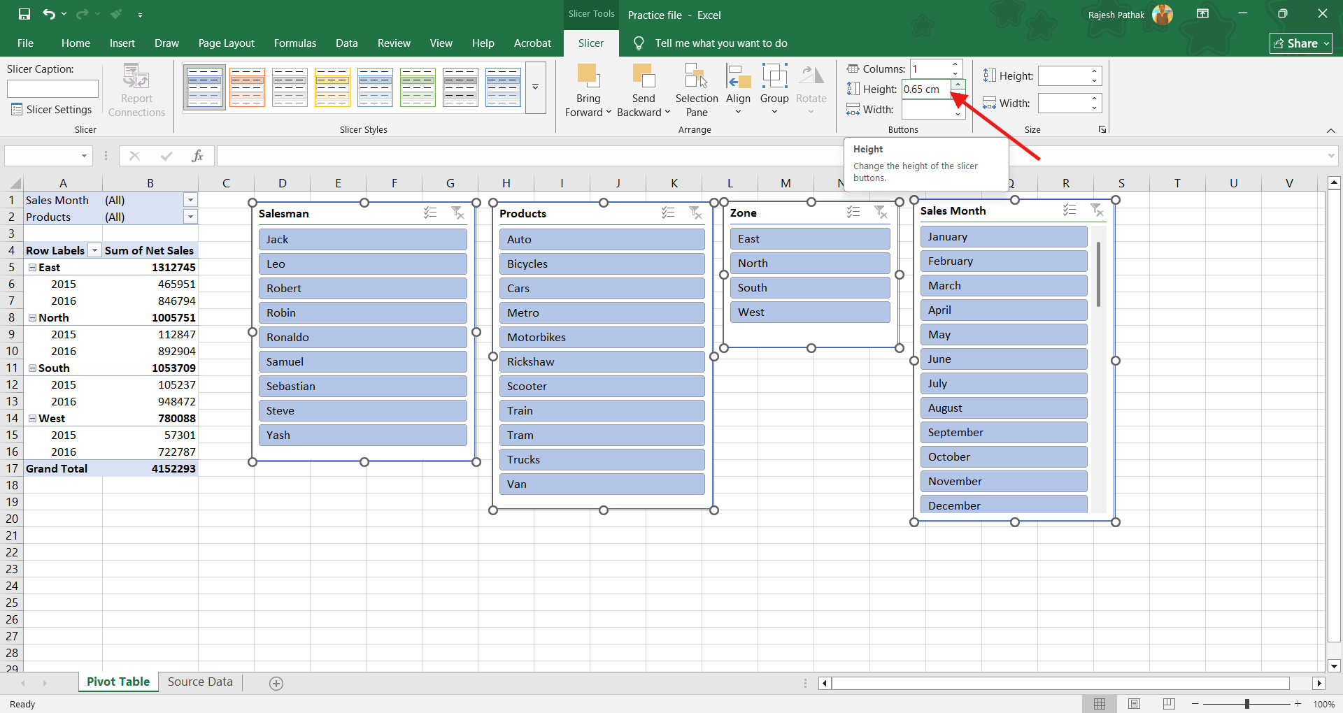 We can increase or decrease the height of slicer buttons.