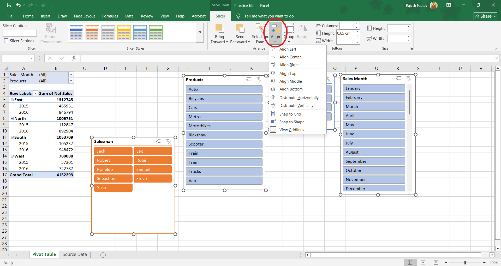 In options tab, click on align drop-down arrow.