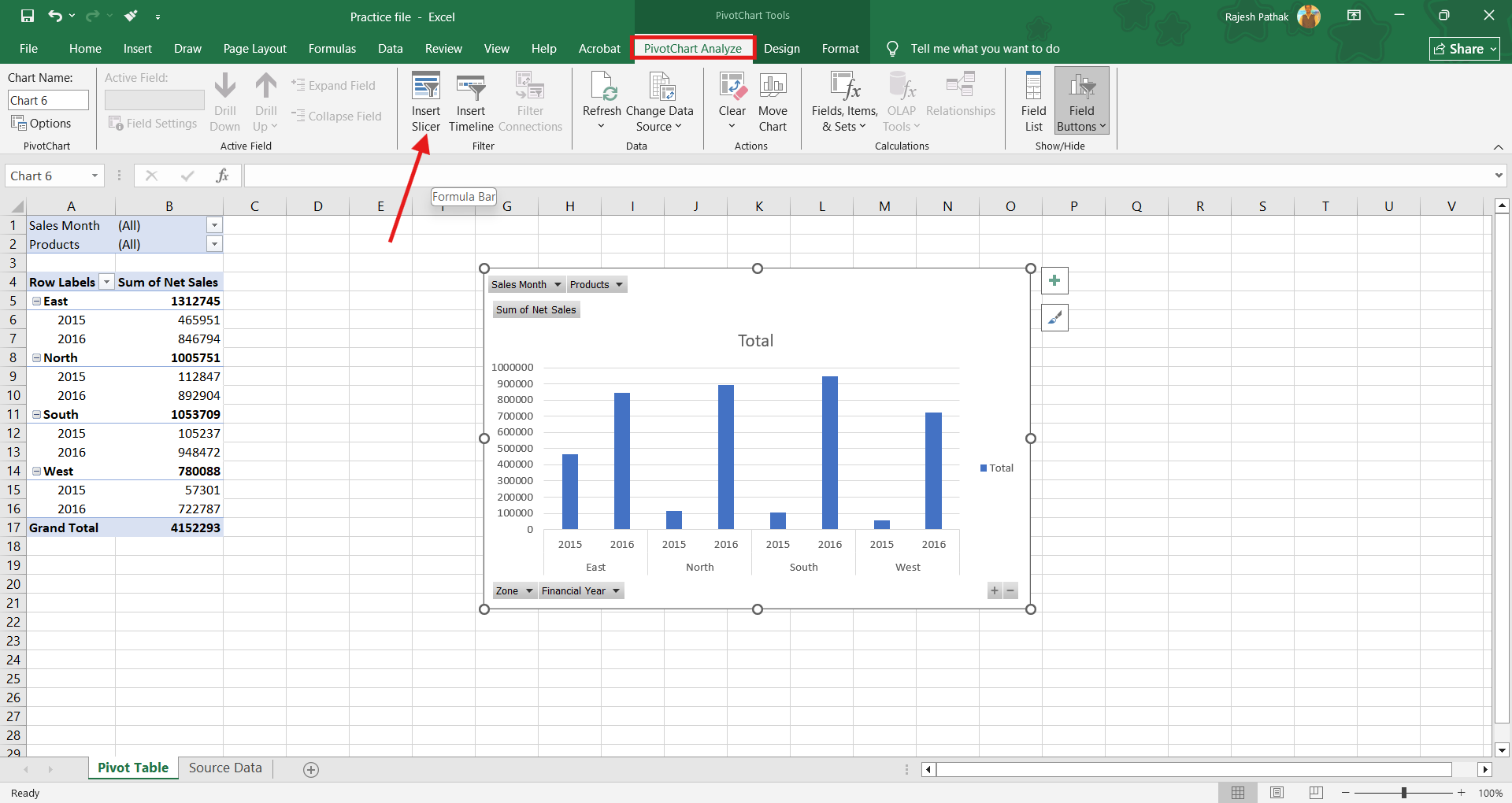 From PivotChart Analyze ribbon tab, click on insert slicer