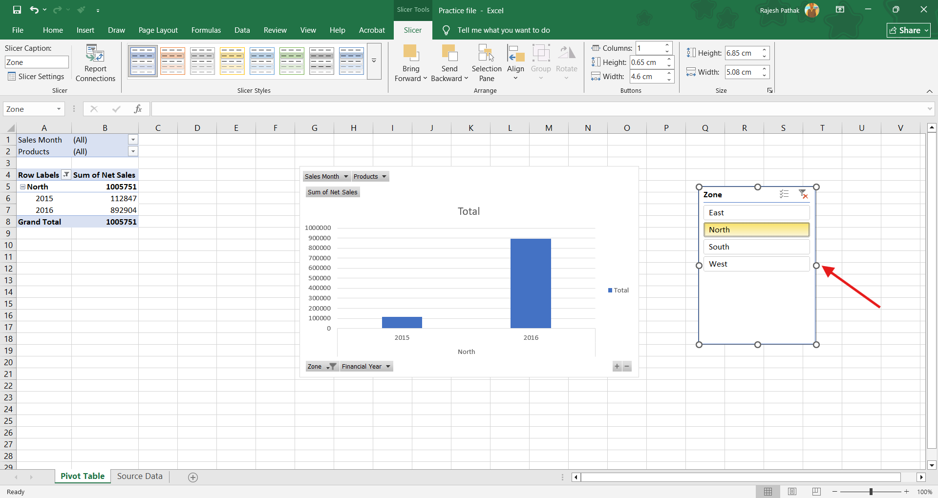 When we click on slicer, it provides points for resizing it