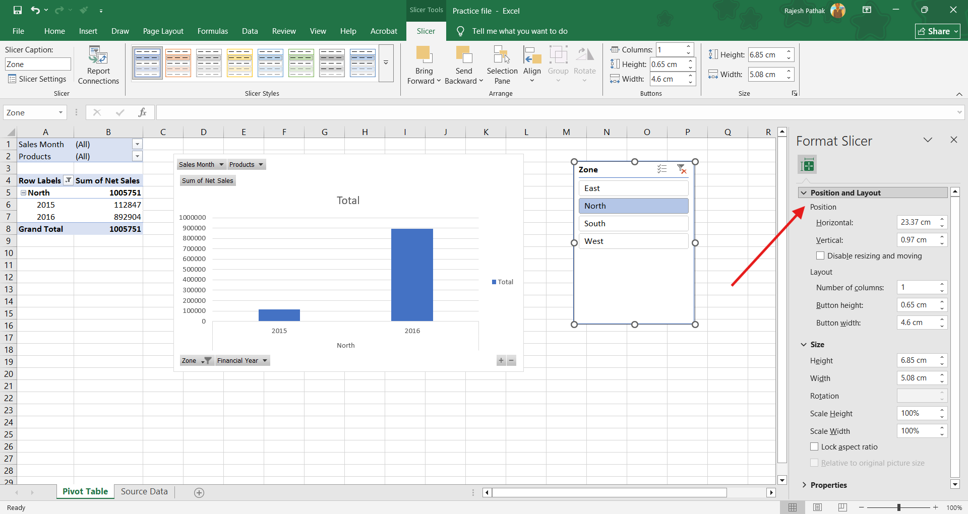 'Format slicer' window opens. Click on 'Position and Layout'