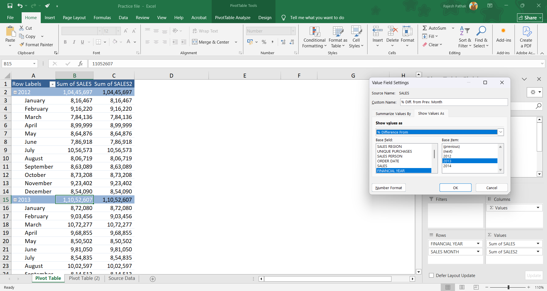 Open show values as drop-down. Select '% difference from'. 