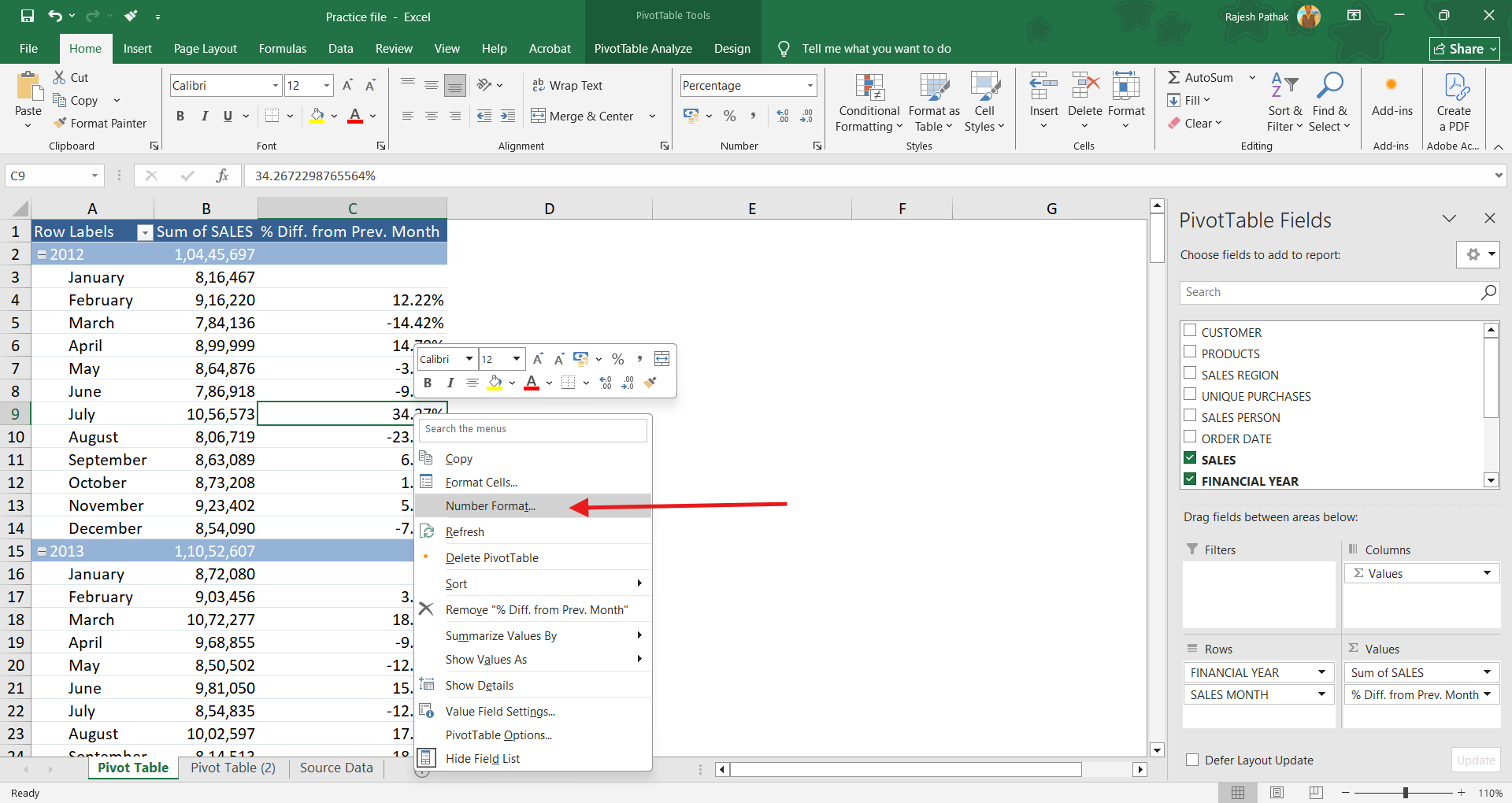 Right click on % column and click on number format. 