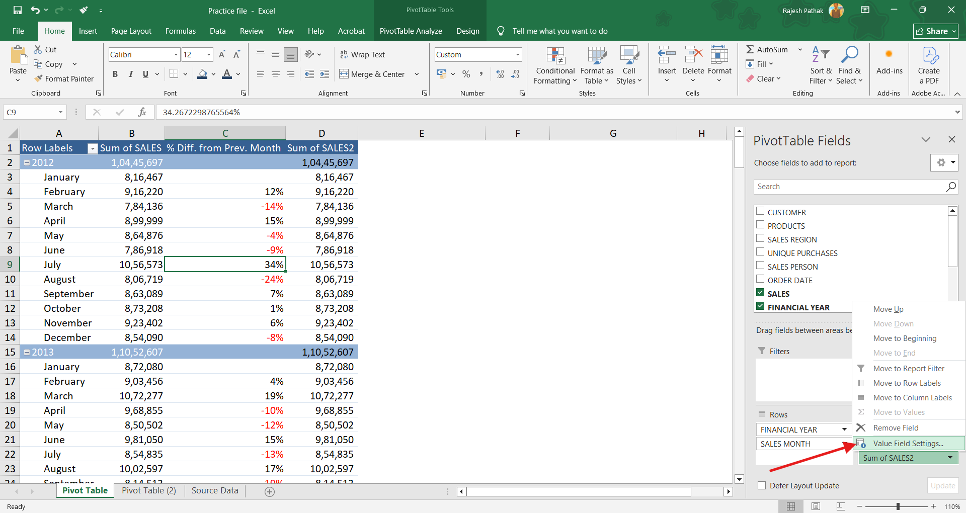 Open value field settings. 