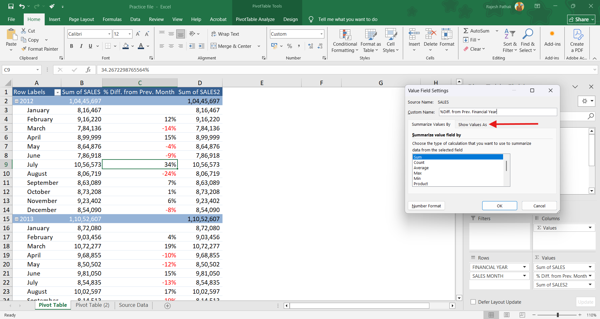 Click on show values as. 