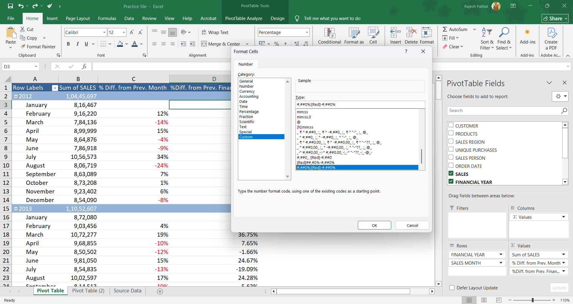 As done earlier, use number format in this new calculation column to remove decimal places and to get negative percentages in red colour.