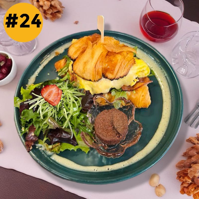 #24. Sweat roasted Bacon and Egg, Arugula, Cheddar Cheese on Croissant