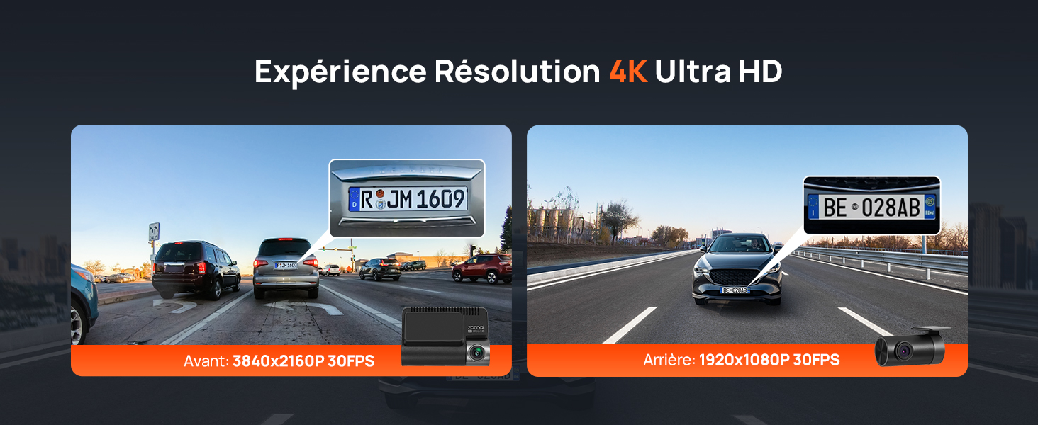 Le texte indique « Experience Résolution 4x Ultra HD ». Comparaison d'écran partagé montrant des scènes de route, démontrant la différence de qualité vidéo entre la résolution standard et la résolution ultra HD.