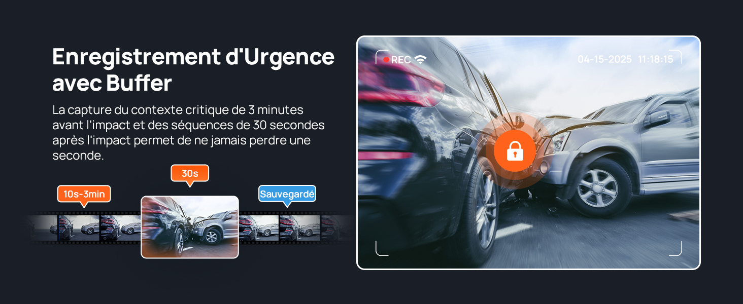 Le texte se lit comme suit : « Enregistrement d'Urgence avec Butler ». Interface affichant la fonction d'enregistrement d'urgence avec plusieurs photos d'incidents de voiture et une option d'enregistrement.