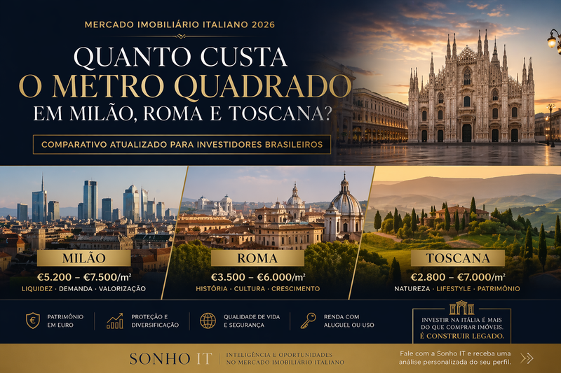 Quanto custa o metro quadrado em Milão, Roma e Toscana em 2026? Comparativo atualizado