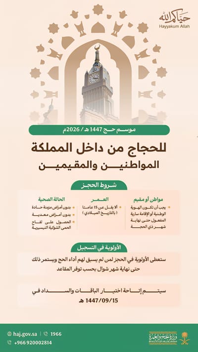وزارة الحج والعمرة تفتح التسجيل لحجاج الداخل لموسم 1447هـ