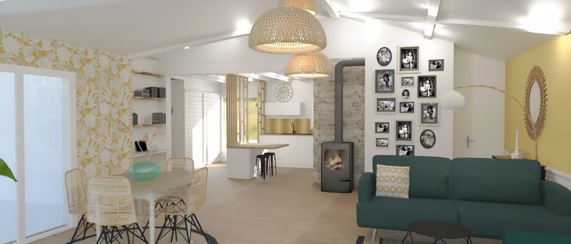 aménagement et décoration intérieure de l'espace cuisine, salon, et salle à manger d'une maison rue des colibris à Capbreton