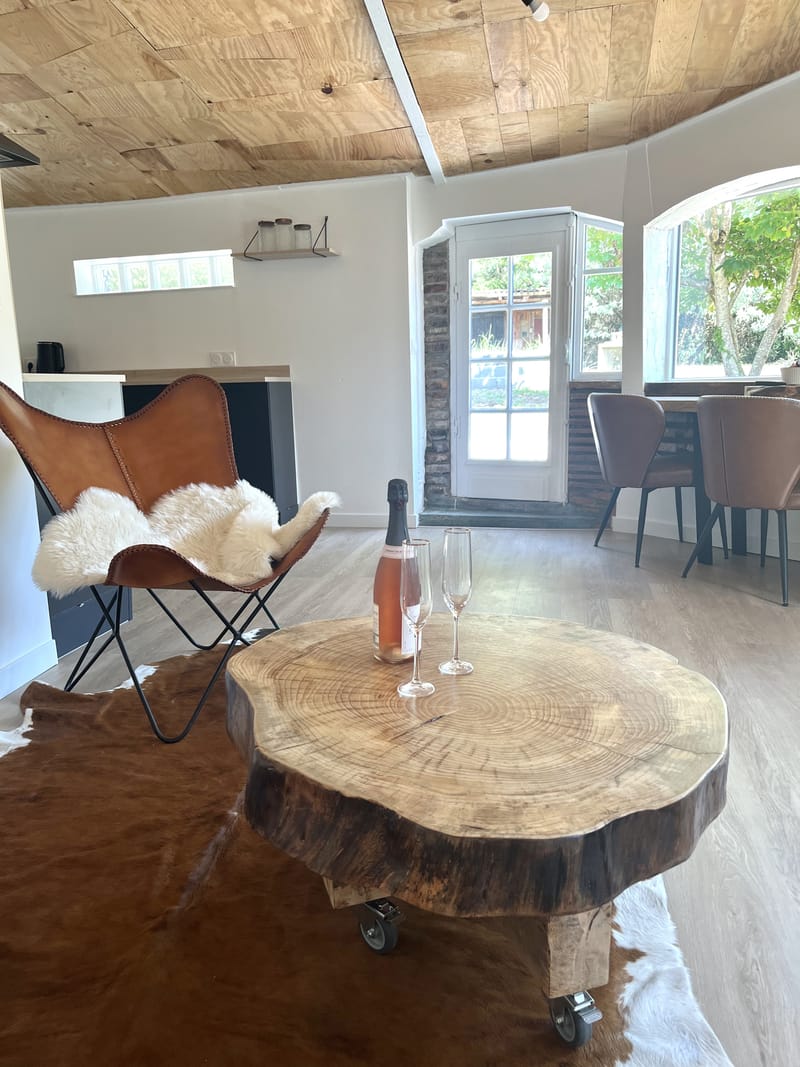 " c"est une maison bleue adossée à la foret " espace repas et salon