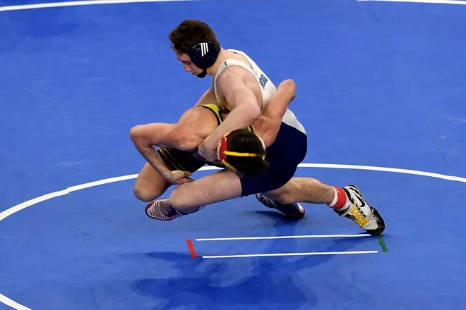 Aaron Ayzerov of Paramus, right, wrestles Alex Strashinsky of Bergen Catholic in the 152-pound quarterfinal on Day 2 of the NJSIAA State Wrestling Championships at Boardwalk Hall in Atlantic City on Friday, March 6, 2020.