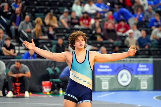 Daniel Elyash of Paramus wins his 285-pound quarterfinal bout on day two of the NJSIAA state wrestling tournament in Atlantic City on Friday, March 3, 2023.