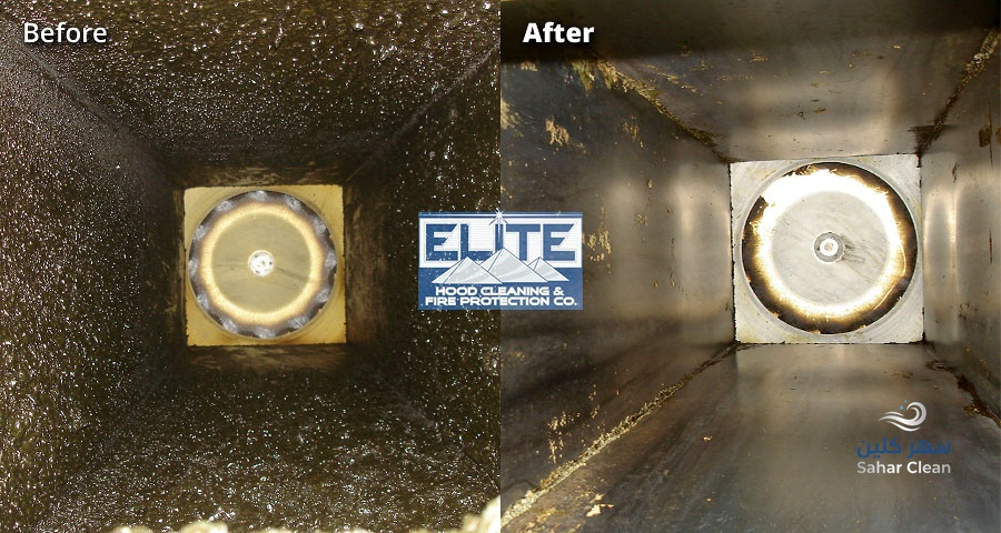 قبل وبعد عملية تنظيف دكت مكيفات في مطعم بجدة 