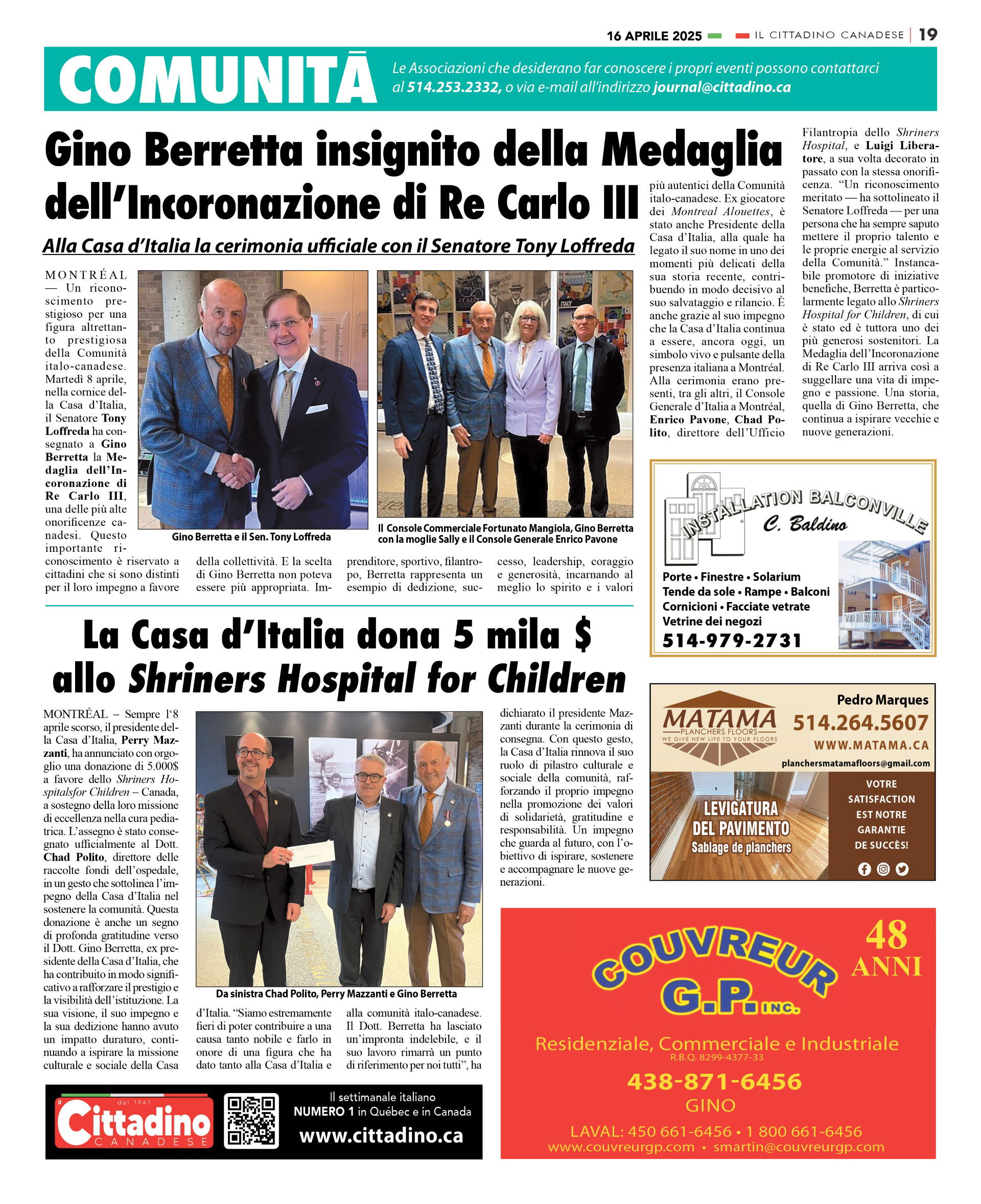 Gino Berretta-omaggio medaglia Re Carlo III- la casa dona 5 mila $ allo Shriners Hospital for Children.