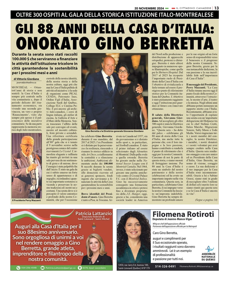 GALA CASA D'ITALIA 2024 - Il Cittadino Canadese