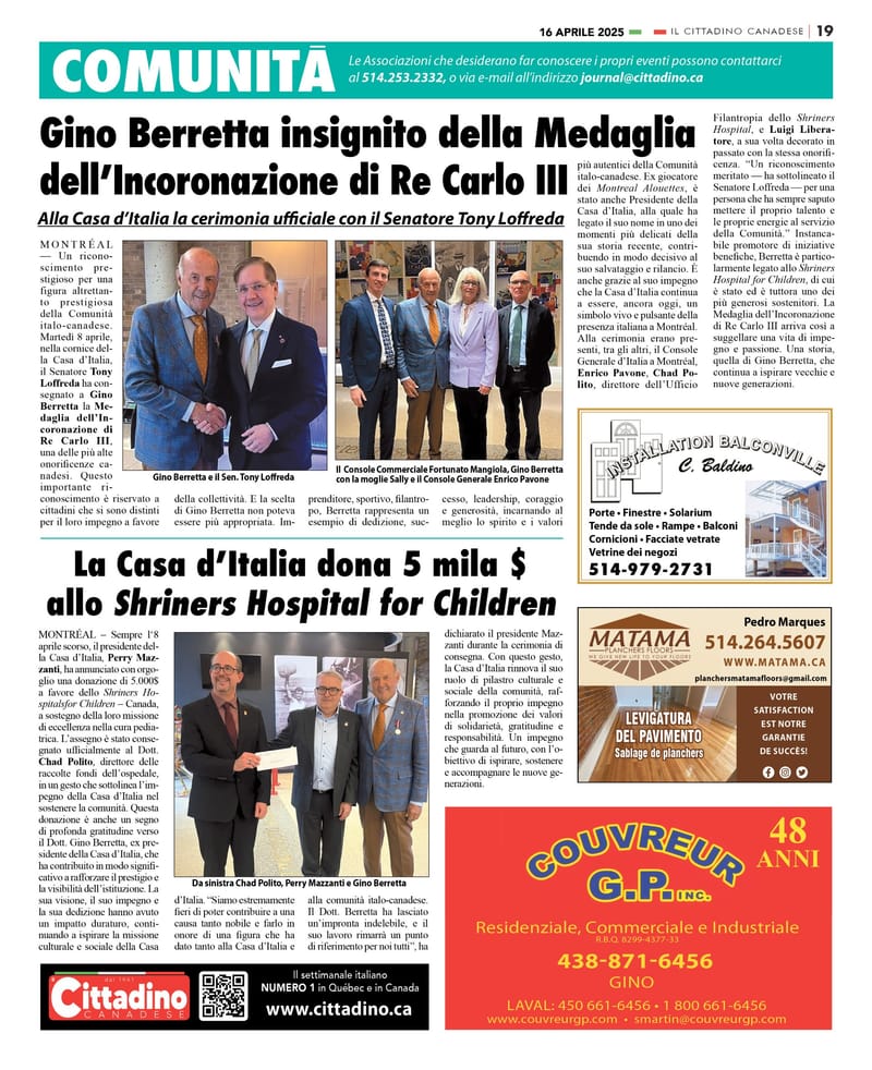Gino Berretta-omaggio medaglia Re Carlo III- la casa dona 5 mila $ allo Shriners Hospital form Children.