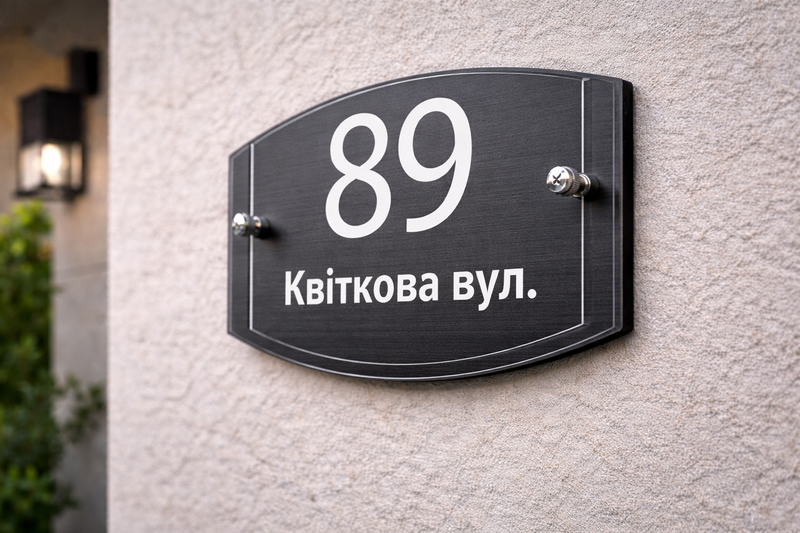 Адресна табличка з композиту та акрилу на дистанційних тримачах №4