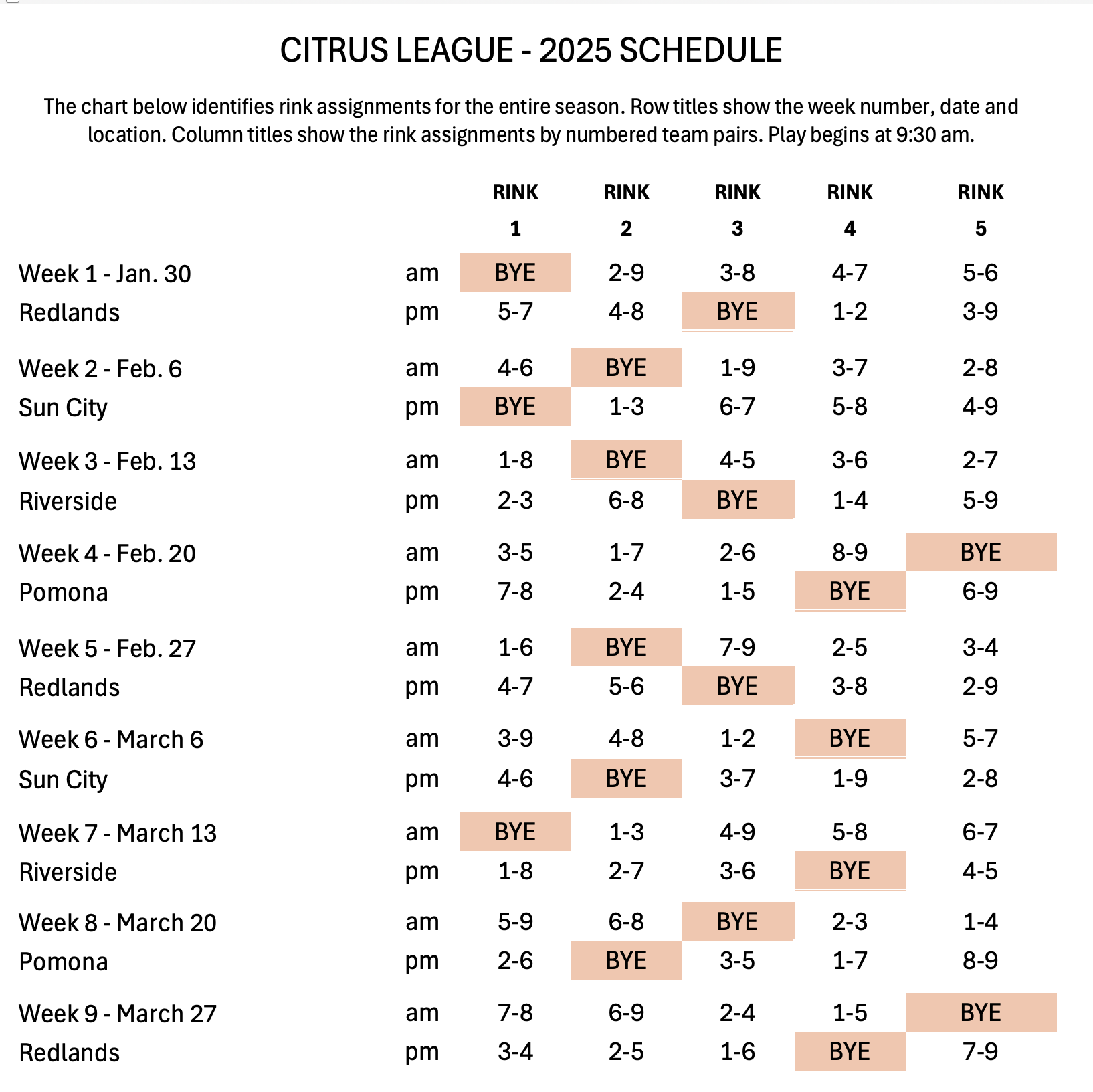 Citrus League 2025 Schedule