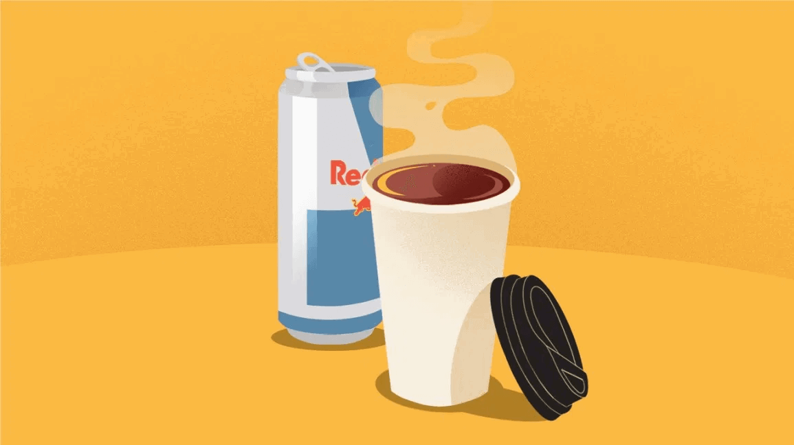 a can of Red Bull and a steaming cup of coffee