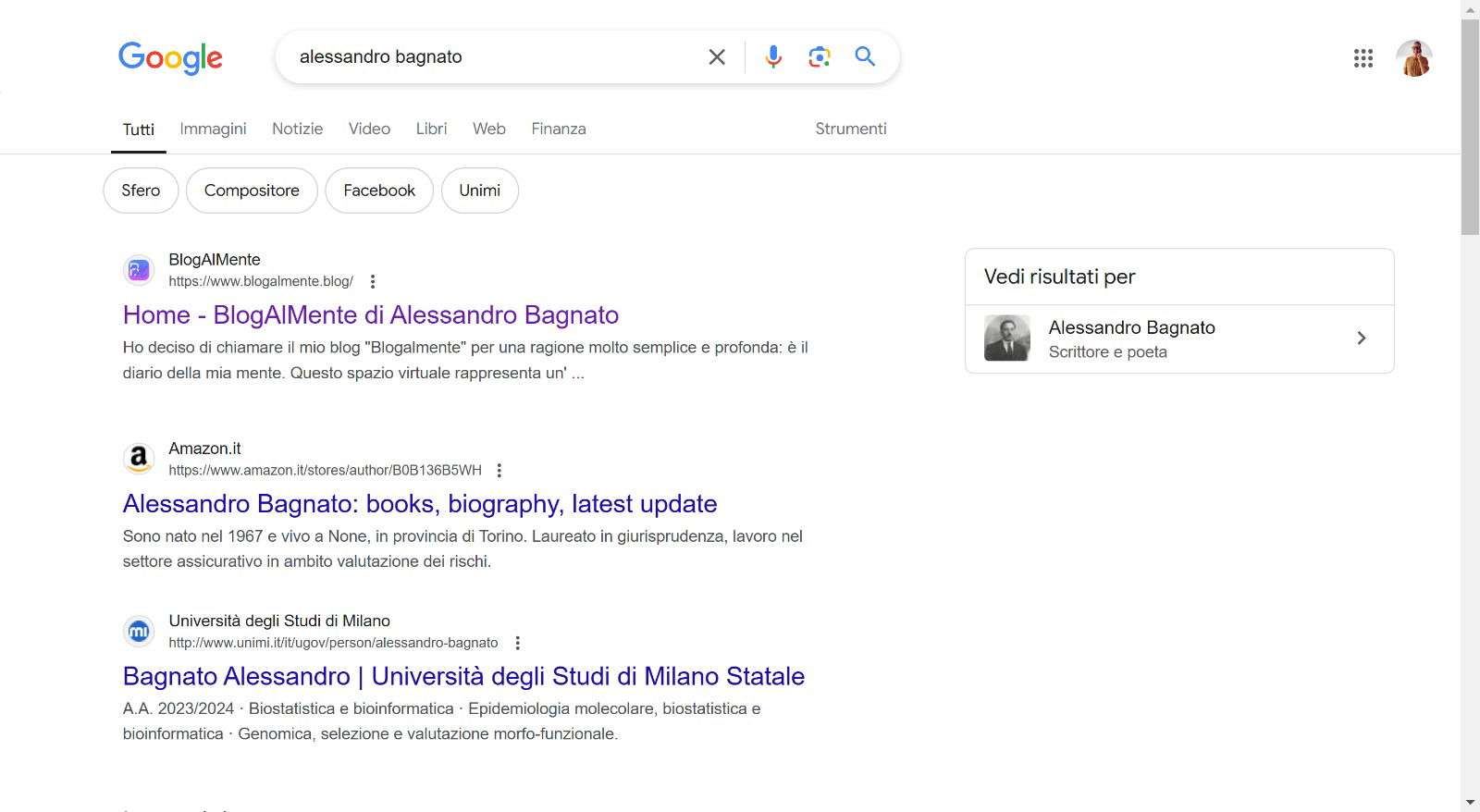 Blogalmente: Ora il Primo Risultato su Google per "Alessandro Bagnato"