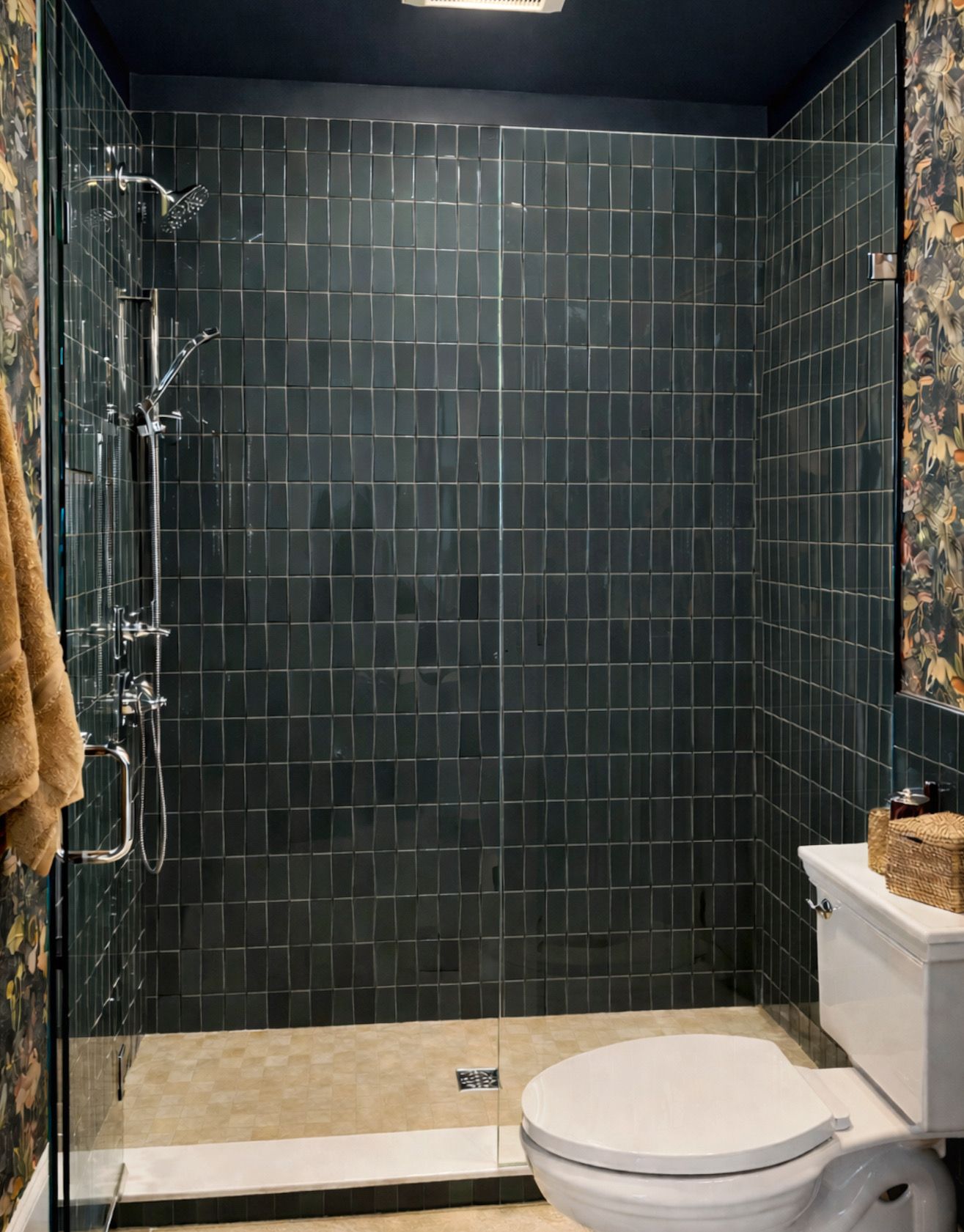Green Asheville bathroom with earthy wallpaper